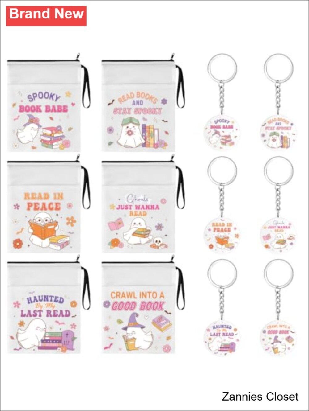 👻 12Pc Halloween Book Lover Gift Set Ghost Zipper Pouches & Acrylic Keychains